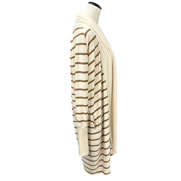Chaser Cream Brown Striped Duster Cardigan L Open Front Knit Sweater Boho - Picture 2 of 8